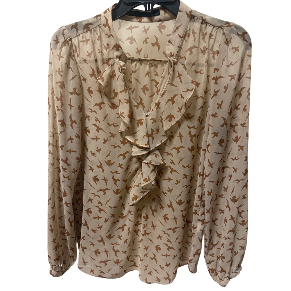 Zara Basic Sheer Beige Brown Ruffle Neckline Long Sleeve Bird Print Size Medium